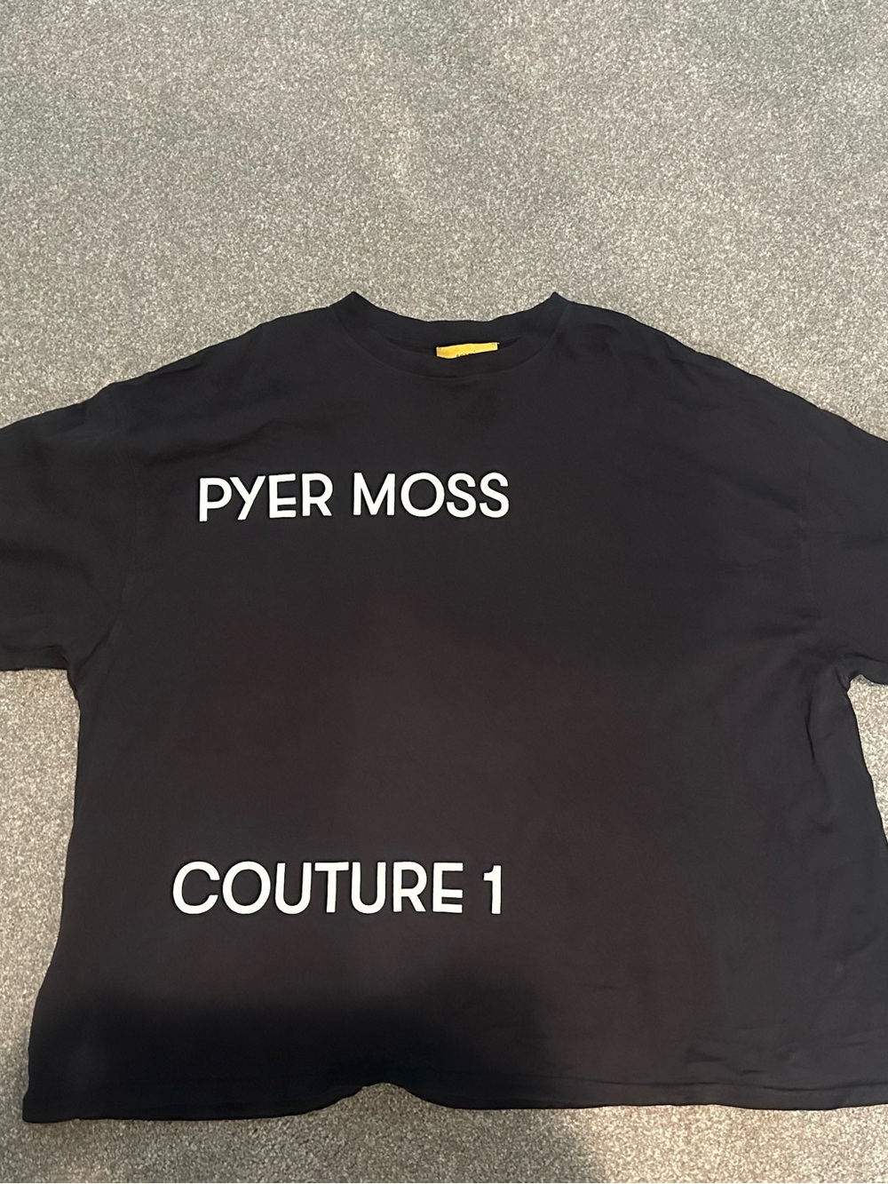 Pyer Moss Black Tee with White 'PYER MOSS' and 'COUTURE 1' Graphics
